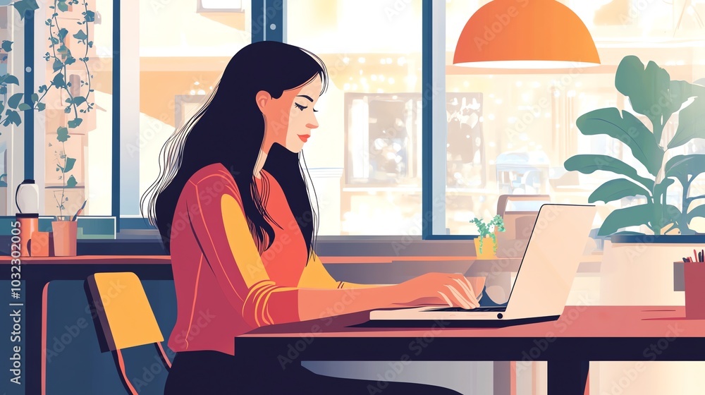 Cartoon businesswoman sitting at a desk in a cafe, typing on a laptop Cartoon businesswoman sitting at a desk in a cafe, typing on a laptop