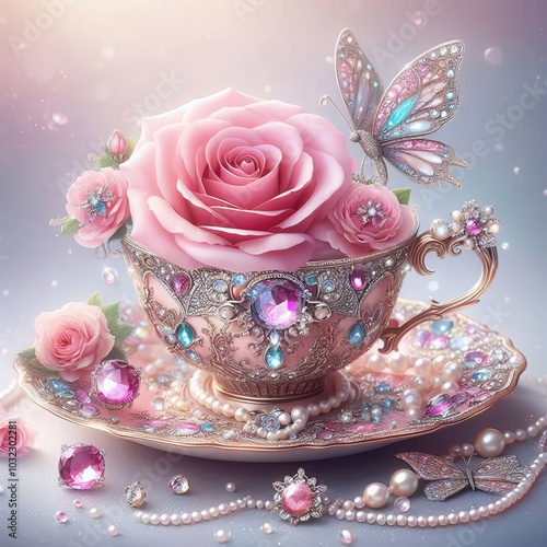 Elegant teacup adorned with roses, jewels, and butterflies.