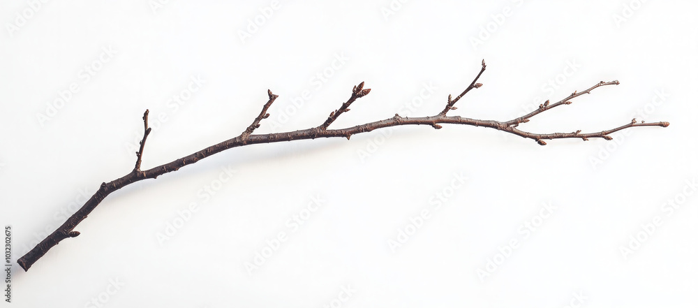 A bare brown branch with small buds on a white background. A bare brown branch with small buds on a white background.