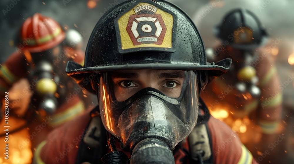 Courageous firefighters battling a raging inferno their determined expressions and protective gear conveying a sense of heroic duty Courageous firefighters battling a raging inferno their determined expressions and protective gear conveying a sense of heroic duty