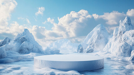 3D Ice podium background snow winter product platform cold mountain. Podium ice display background cosmetic sky floor blue scene landscape frozen white cool stand pedestal minimal rock glacier nature.