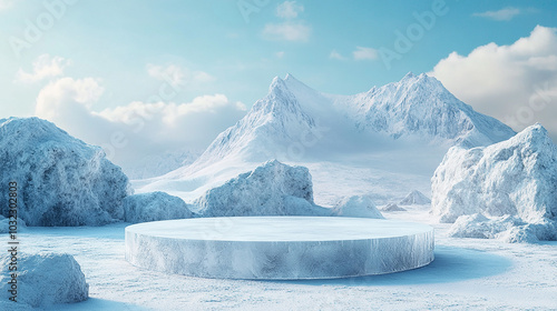 3D Ice podium background snow winter product platform cold mountain. Podium ice display background cosmetic sky floor blue scene landscape frozen white cool stand pedestal minimal rock glacier nature.
