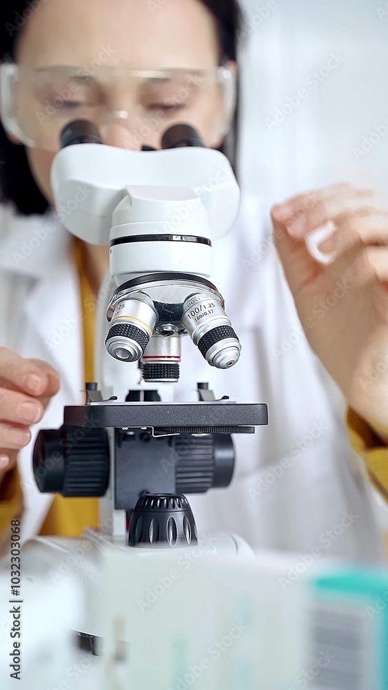 Woman scientist using microscope in laboratory. Microbiology science concept Woman scientist using microscope in laboratory. Microbiology science concept