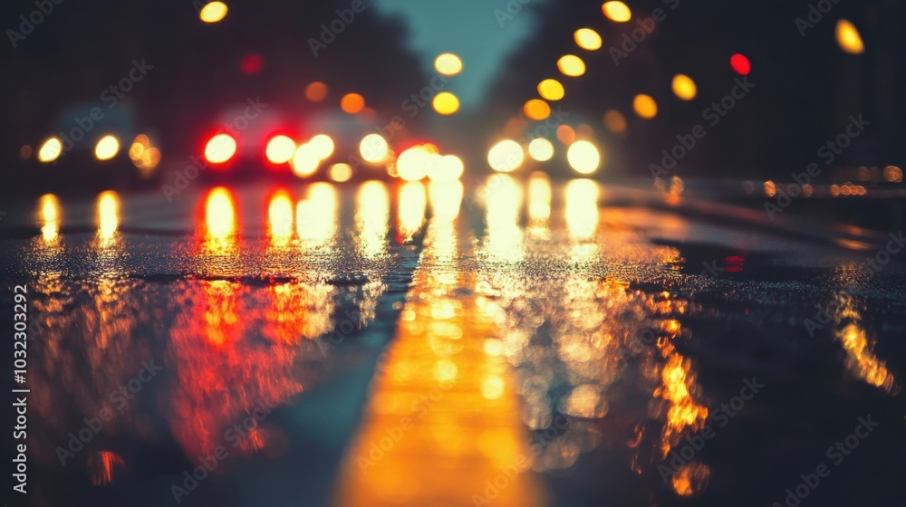 Detailed view of a street illuminated by car headlights at night, with light trails and reflections Detailed view of a street illuminated by car headlights at night, with light trails and reflections