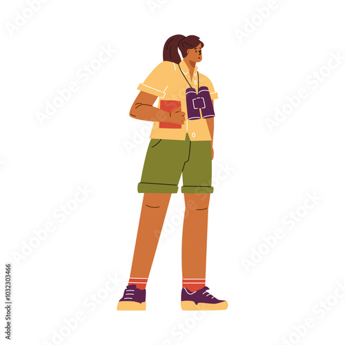 Fotografie Vector illustration of a young woman in comfortable clothes holding a notebook a