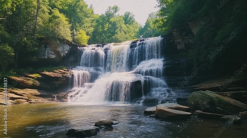 Fototapeta premium Waterfall Cascading Through Rugged Rocks in a Forest Setting