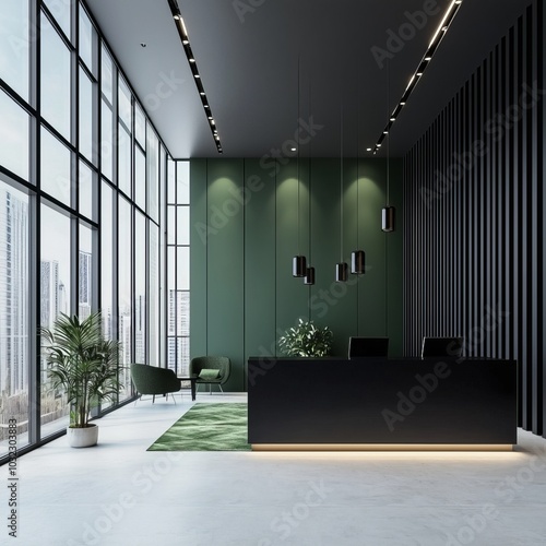 Modern Green Office Lobby: A sleek and inviting lobby with a green reception desk, plush velvet chairs, and lush greenery. The space exudes professionalism and sophistication.