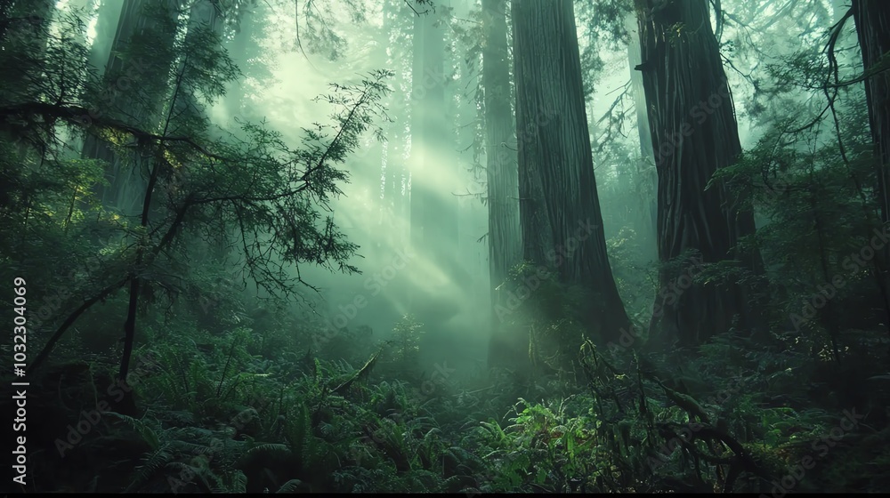 Naklejka premium Misty morning in ancient redwood forest