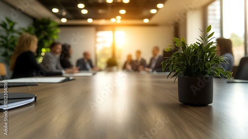 A potted plant on a conference table in the foreground, with a group of businesspeople sitting around the table in the background.