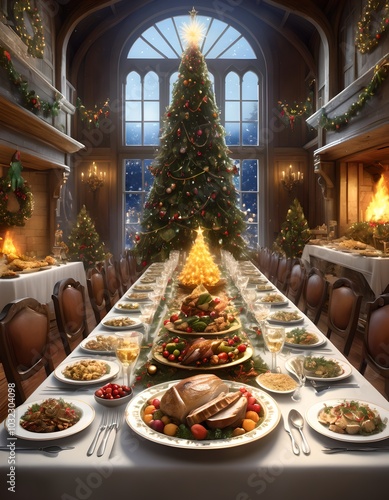 A grand Christmas feast with a long table filled with delicious holiday dishes, sparkling decorations, and a giant Christmas tree in the background.