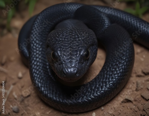 a close up of a black snake on the ground with its head in the air. photo