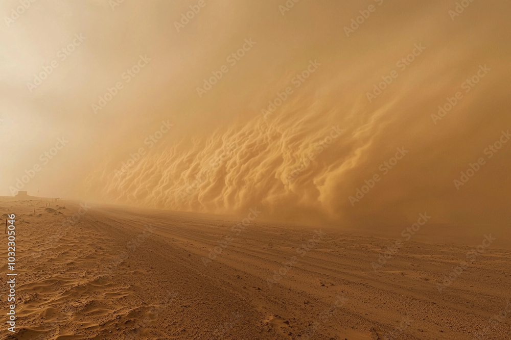 Naklejka premium Massive sandstorm approaches a remote desert road during daylight