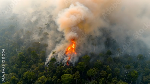 Aerial drone footage capturing a tropical rainforest engulfed in a massive wildfire