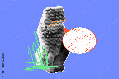 Funny pet with a halftone effect stands on its hind legs surrounded by speech bubbles and hand drawn scribbles. Trendy illustration in retro collage style for advertising, fitbacks.