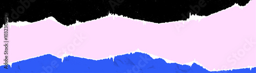 Horizontal background from torn pieces of multi colored paper with empty space. Torn edges, wrinkled, grunge texture.
