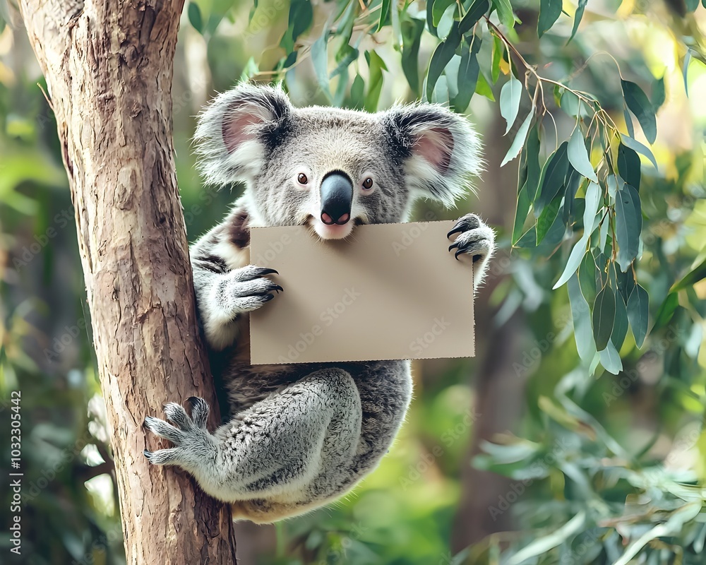 Fototapeta premium Smiling Koala Clinging to Tree Holding Blank Cardboard Sign with Eucalyptus Leaves