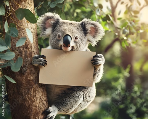 Smiling Koala Clinging to Tree Holding Blank Cardboard Sign with Eucalyptus Leaves photo