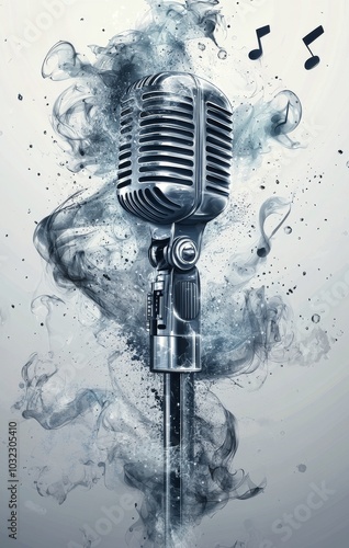 A vintage microphone shines brightly on stage surrounded by sparkling lights ...