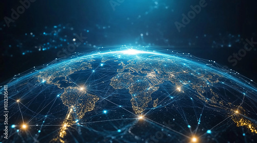 Night planet earth from space with light lines of communication and connection. Business and finance, concept. Global communications system and the World Wide Web. Technologies and communications.