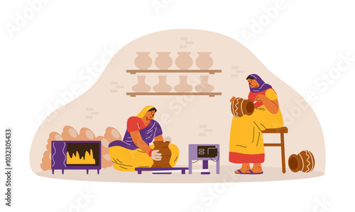 Vector illustration an Indian woman in traditional sari and shawl, engaged in pottery and painting