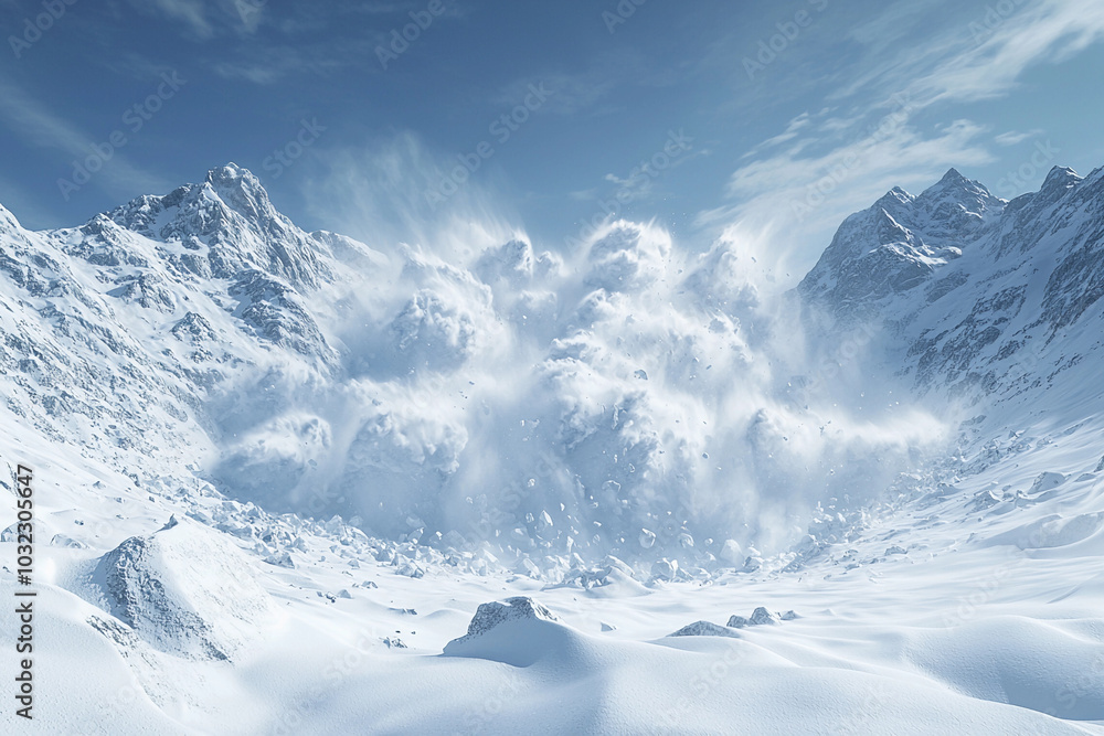Obraz premium Avalanche crashing down steep mountain slopes on a snowy day