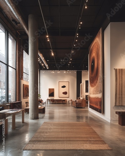 A modern art gallery interior with a large abstract painting and a wood floor.