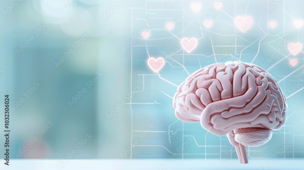 Digital representation of human brain with heart connections in futuristic blue background. Digital representation of human brain with heart connections in futuristic blue background.