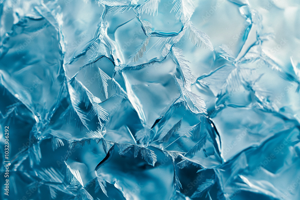 Icy surface featuring sharp, fractal frost patterns in close-up on frozen glass with intricate details, cold blue and silver tones, ideal for abstract winter-themed backgrounds Icy surface featuring sharp, fractal frost patterns in close-up on frozen glass with intricate details, cold blue and silver tones, ideal for abstract winter-themed backgrounds