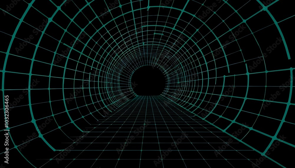 Fototapeta premium 3D Wireframe tunnel. Perspective grid background. Abstract geometric background. Optical illusion of spiral motion. Cyber grid retro punk perspective rectangular tunnel. Grid tunnel geometry backgroud