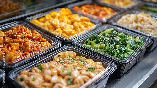 Delicious Asian cuisine takeaway food delivery containers filled with vibrant dishes, showcasing variety of flavors and textures. Perfect for quick meal or sharing with friends