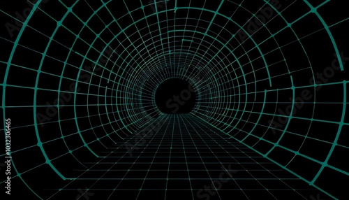 Fototapeta Naklejka Na Ścianę i Meble -  3D Wireframe tunnel. Perspective grid background. Abstract geometric background. Optical illusion of spiral motion. Cyber grid retro punk perspective rectangular tunnel. Grid tunnel geometry backgroud