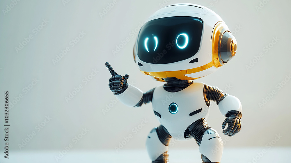 Cute kids robot pointing in a direction with copy space for text, banner, flyer, background. Cute kids robot pointing in a direction with copy space for text, banner, flyer, background.