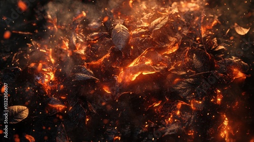 Fire engulfing a pile of dry leaves, with intricate details of crackling and charring.