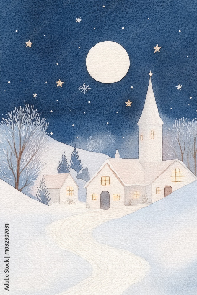 Naklejka premium Serene winter village under a starry night sky