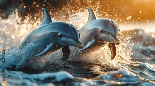 Playful Dolphins Leaping Out of Ocean Waves -  Perfect for marine life, nature, and wildlife themes photo