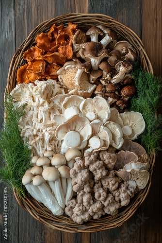 Freshly gathered assortment of edible mushrooms in a woven basket on a rustic...