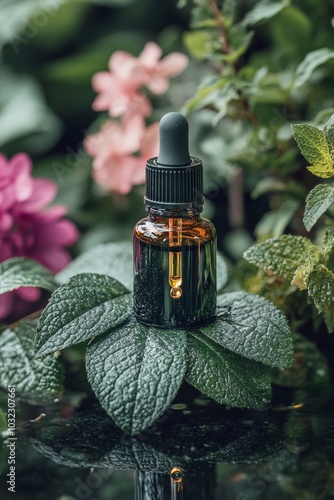 Essential oil dropper bottle resting on a lush green leaf surrounded by vibra...