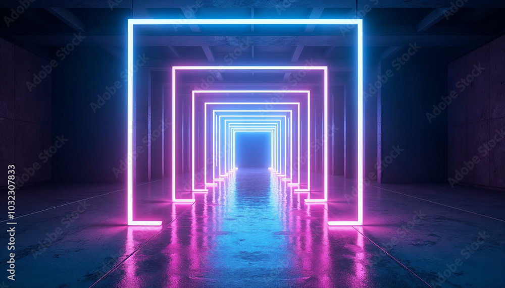 3d render, glowing lines, tunnel, neon lights, virtual reality, abstract background, square portal, arch, pink blue spectrum vibrant colors, laser show. 3D render abstract background, Neon LED lights. 3d render, glowing lines, tunnel, neon lights, virtual reality, abstract background, square portal, arch, pink blue spectrum vibrant colors, laser show. 3D render abstract background, Neon LED lights.