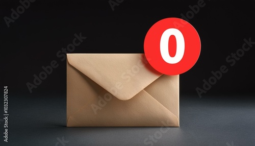 No messages or notification concept with front view on beige email paper envelope with white zero in red circle on the corner on dark background. 3D rendering