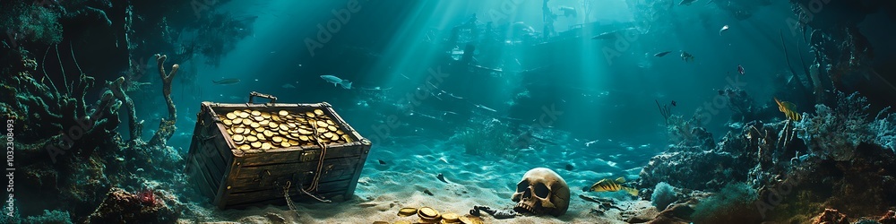 Naklejka premium ship in the aquarium & treasure pirate