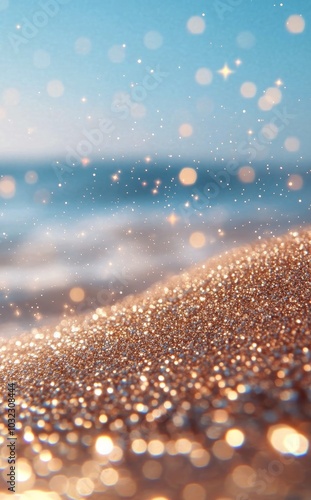 Sunlit beach with sparkling sand and gentle waves on a clear day by the ocean