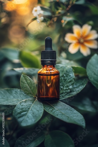 Essential oil dropper bottle resting on a lush green leaf surrounded by vibra...