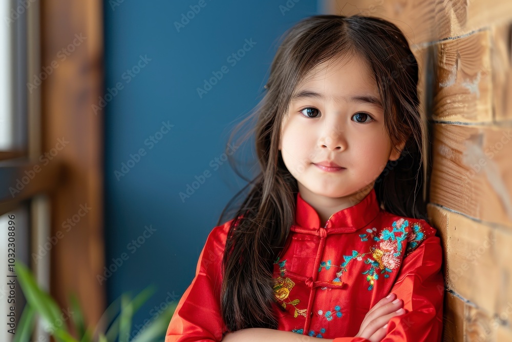 Young girl in red outfit, standing against wooden wall, serene expression, traditional attire, blue background, natural light Young girl in red outfit, standing against wooden wall, serene expression, traditional attire, blue background, natural light