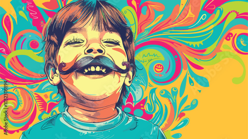 Playful Kid Boy with Decorative Mustache in Colorful Environment