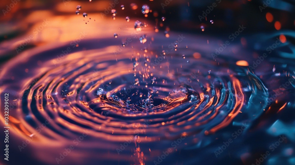 Close-up view of colorful water ripples with droplets creating a tranquil vibe, capturing the essence of water wellness Close-up view of colorful water ripples with droplets creating a tranquil vibe, capturing the essence of water wellness