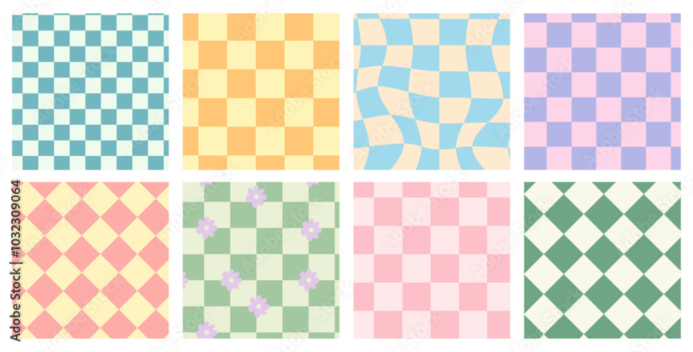 Distorted checkered seamless patterns set. Psychedelic retro backgrounds 60s 70s style. Vector seamless pattern Distorted checkered seamless patterns set. Psychedelic retro backgrounds 60s 70s style. Vector seamless pattern
