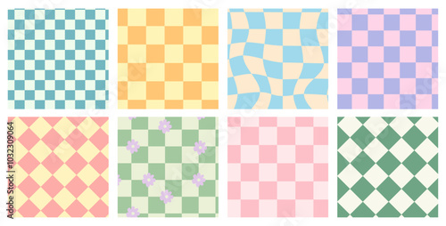 Distorted checkered seamless patterns set. Psychedelic retro backgrounds 60s 70s style. Vector seamless pattern