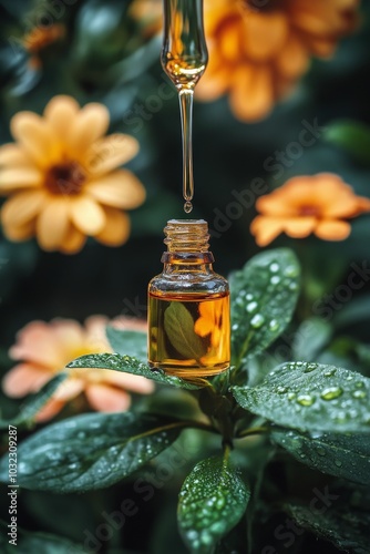 Essential oil dropper bottle resting on a lush green leaf surrounded by vibra...