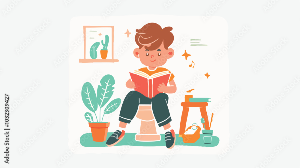 Child Reading Book on Potty, Restroom Handdrawn Flat Icon Child Reading Book on Potty, Restroom Handdrawn Flat Icon