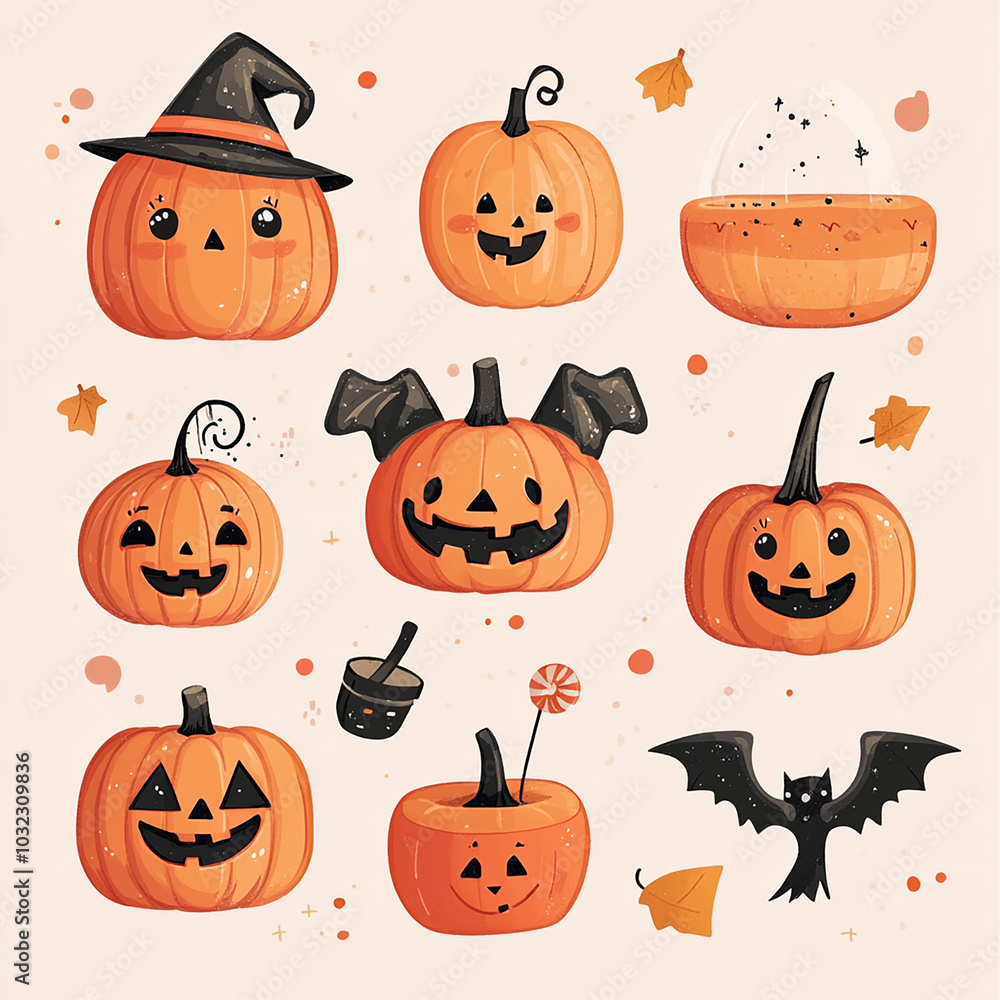 Halloween set witch, pumpkins, ghosts, monster, skeleton. Characters and elements for halloween vector illustration in cartoon style. Halloween set witch, pumpkins, ghosts, monster, skeleton. Characters and elements for halloween vector illustration in cartoon style.